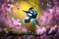 Bird listening music in headphones sitting on blossoming tree