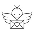 Bird with love letter in beak, message thin line icon, dating concept, envelope with heart vector sign on white Royalty Free Stock Photo