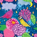 Bird macaron dahlia cloud drop seamless pattern