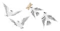 Bird mail collection. Dove with letter. Flying pigeon with envelope in beak. Hand drawing birds delivering post.