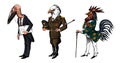 Bird man, Bald eagle and marabou head in military uniform. Dressed Rooster or Cock cowboy. Hand drawn fashionable