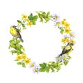 Bird, meadow flowers. Floral wreath. Watercolor circle border