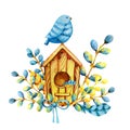 The Bird Meets Spring And Easter, Sits On A Birdhouse And Willow Twigs. Hand Watercolor Illustration Isolated On White