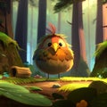 a bird with a mohawk standing in a forest with trees and grass on the ground and a log in the foreground