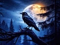 Bird with moon. Late evening with raven black forest bird sitting on the tree dark day nature habitat. Magic night with moon