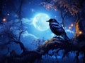 Bird with moon. Late evening with raven black forest bird sitting on the tree dark day nature habitat. Magic night with moon Royalty Free Stock Photo