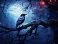 Bird with moon. Late evening with raven black forest bird sitting on the tree dark day nature habitat. Magic night with moon Royalty Free Stock Photo