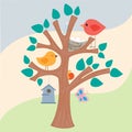Bird, nest and birdhouse on the tree