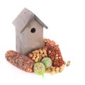 Bird nest box and food Royalty Free Stock Photo