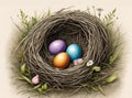 bird nest with dyed easter eggs vintage style illustration