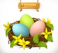 Bird nest, Easter eggs and spring flowers. vector icon Royalty Free Stock Photo