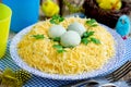 Bird nest Easter salad decorated with boiled egg yolks and cheese Royalty Free Stock Photo