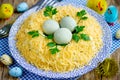 Bird nest Easter salad decorated with boiled egg yolks and cheese Royalty Free Stock Photo