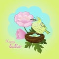 Bird on a nest with eggs on a background of pink flowers