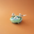 Bird nest made of used plastic bags, with two birds and eggs. Ecology and pollution problem concept Royalty Free Stock Photo