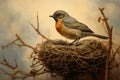 Bird in the nest. Photo in old color image style. Shallow depth of field. a painting of a bird sitting on top of a nest, AI