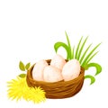Bird nest from sticks with eggs decorated with leaves, grass and dandelion flowers in cartoon style isolated on white