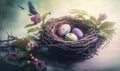 a bird nest with three eggs and a bird on a branch with leaves and flowers in the foreground and a bird on a branch in the Royalty Free Stock Photo