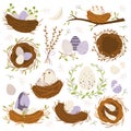 Bird nests flat icons set. Cute cartoon chicks and birds inside nest. Easter decorative elements