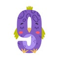 9 bird number. Nine numeral with eyes, beak and wings cute cartoon vector illustration