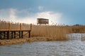 Bird observation platform by lake Zuvintas in Lithuania, birdwatching, wildlife, nature reserve