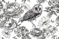 Bird owl and seamless floral background with roses and phloxes. Hand-drawn, vector illustration Royalty Free Stock Photo