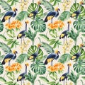 Bird, Palm leaves and flower. Tropical background, seamless pattern. Flora painting watercolor. Crane birds