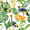 Bird, Palm leaves and flower. Tropical background, seamless pattern. Flora painting watercolor. Crane birds