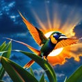 a bird of paradise flower with the sun setting in the backgrouund behind it and a dark blue sky with clouds in the