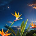 a bird of paradise flower with the sun setting in the backgrouund behind it and a dark blue sky with clouds in the