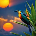 a bird of paradise flower with the sun setting in the backgrouund behind it and a dark blue sky with clouds in the