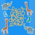 Bird parrot elephant and giraffe on blue background labyrinth game for Preschool Children. Vector