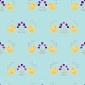 Seamless pattern with birds, flowers and leaves in scandinavian style, on a light blue background, vector Royalty Free Stock Photo