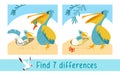 Bird pelican with fish in beak. Nest with chick in sand. Find 7 differences. Game for children. Activity, vector. Royalty Free Stock Photo