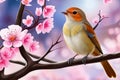 A bird is perched on a branch cherry blossom tree Royalty Free Stock Photo