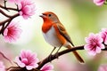 A bird is perched on a branch pink flower Royalty Free Stock Photo