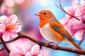 A bird is perched on a branch pink flower Royalty Free Stock Photo