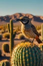 Desert Bird Perched on a Prickly Pear Cactus at Sunset Royalty Free Stock Photo