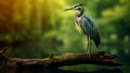 Digital Art: Realistic Blue Heron Standing On Wood Branch In Forest