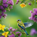 a bird is perched on a flower bush with many flowers in the background and a painting of a yellow Royalty Free Stock Photo