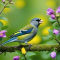 a bird is perched on a flower bush with many flowers in the background and a painting of a yellow Royalty Free Stock Photo