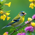 a bird is perched on a flower bush with many flowers in the background and a painting of a yellow Royalty Free Stock Photo