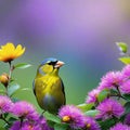 a bird is perched on a flower bush with many flowers in the background and a painting of a yellow Royalty Free Stock Photo