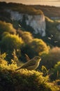 Willow Warbler Perched on Mossy Vegetation with Cliffside Backdrop at Golden Hour Royalty Free Stock Photo