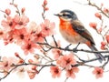 Bird perched among pink cherry blossom branches in watercolor. Royalty Free Stock Photo