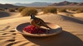 Desert Bird and Pomegranate Still Life: A Chukar Partridge Perched on a Plate Royalty Free Stock Photo