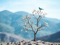 a bird is perched on a small tree in front of a mountain range Royalty Free Stock Photo