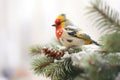 bird perched on a snowy pine bough, fluffed against cold Royalty Free Stock Photo