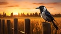 Stunning Uhd Image Of A Crow In A Whistlerian Sunset Field
