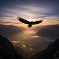A bird, possibly an eagle, soars above a mountain valley at sunrise. The landscape Royalty Free Stock Photo
